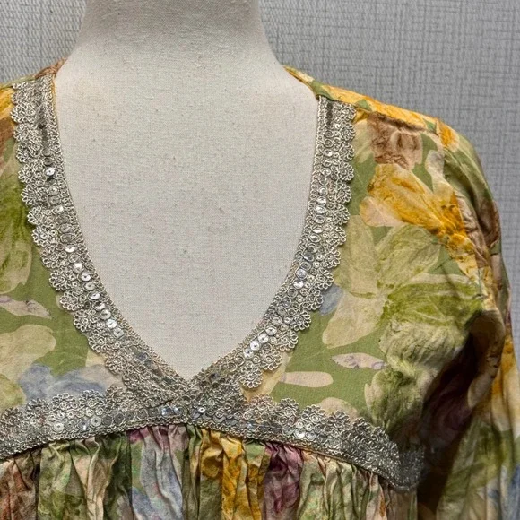 Feather Touch Floral Maxi Dress Womens M Green Sequin Trim Cottagecore Boho - Picture 2 of 12